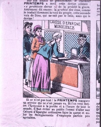 At the Counter of a Town Savings Bank, Trade Card Advertising the Department Store 