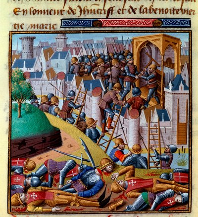 Attack of a fortified town. Miniature in 