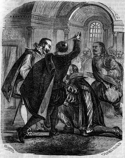 Attempted assassination of Jean Chastel on the King of France Henry IV on 27 December 1594. Engraving of the 19th century by French School