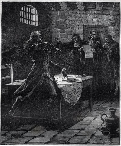 Attempted suicide of Marquis Thomas Arthur, Baron de Tollendal, Count of Lally (1702 - 1766), French general of Irish origin at the time of the announcement of his death sentence for treason by the Paris parliament in 1766. Engraving of the 19th century. by French School
