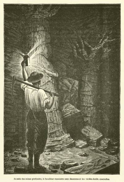 In the Depths of the Mines, the Miner Encounters with Astonishment the Ancient Buried Forests by French School