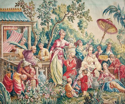 Aubusson Cartoon for a Wall Hanging of Figures in an Oriental Garden by French School