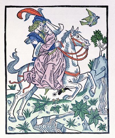 Aucassin and Nicolette on a horse, from the early 13th century chantefable Aucassin et Nicolette by French School