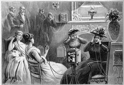 Audition of the Theatrophone (Theatre Auditions at Home) in the Lounge of a Grand Hotel in Paris in 1892 by French School