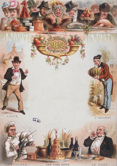 Background print for a menu depicting the five senses, late 19th century by French School