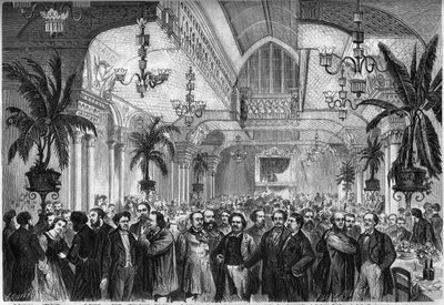 Banquet of the newspaper "Le Figaro", given on February 6, 1864 in the salon of the Restaurant du Passage des Princes in Paris, attended by journalists, writers, artists... Present, from left to right: Nestor Roqueplan, Mme Ugalde, de Montaut, Peter by French School