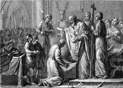Baptism of Clovis I, 25th December 496: the king of the Franks (466-511) is baptized by Saint Remi (437-533), bishop of Reims, in the church of Saint Martin by French School