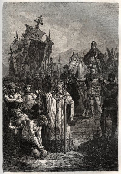 Baptism of the pagan Saxon leader Widukind under the pressure of the emperor Charlemagne - Charlemagne imposes the baptism to the Saxons - Conversion of Widukind or Witikind before Charlemagne in 785 - engraving from L