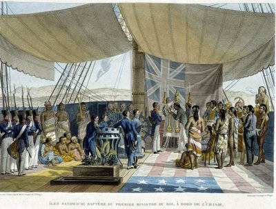 Baptism of natives of the Sandwich Islands aboard the Urania, early 19th century by French School