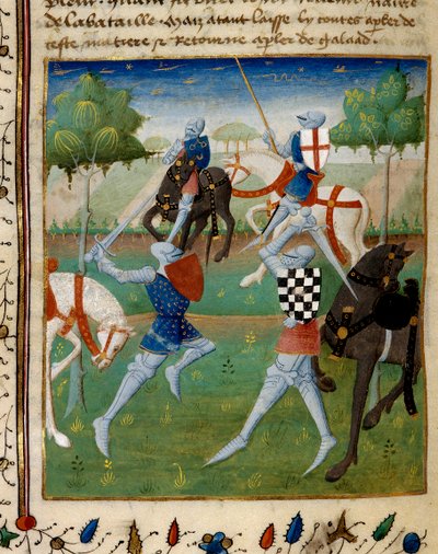 Battle between the knight Palamede and Artus (or Arthur) the little Miniature taken from the manuscript The novel of Tristan directed to the Master Charlkes of Maine by French School
