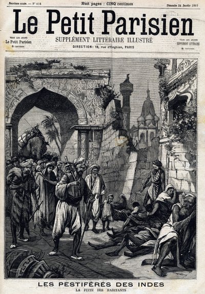 Beach-stricken India, Inhabitants facing the epidemic before contracting the Black Death. Frontpage of English newspaper Le petit Parisien. January 24 by French School