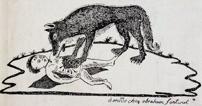 Beast torn a child (beast of the Gevaudan) - wood engraving published in Mende (Archives du Puy-de-Dome) by French School