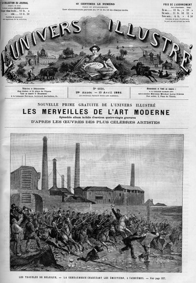 Belgian workers strike: the police loading the riders in Carnieres. A newspaper. Engraving in 
