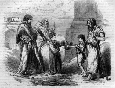 Belisarius (c.500-565) blind and begging by the order of Justinian, to whom he had given gold and the land of the sale. Engraving in "Histoire des Papes-Rois-Queen and Empereurs a travers les centuries" by Maurice Lachatre by French School