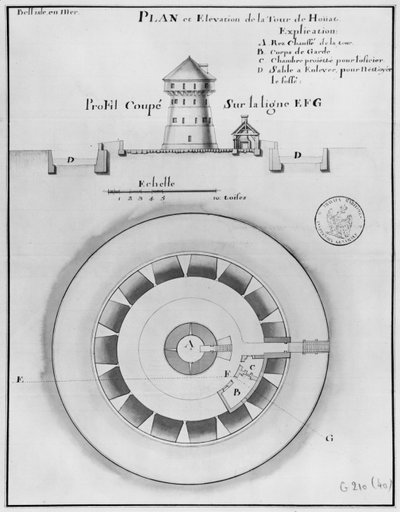 Belle Isle en Mer, plan and elevation of the tower of Houat by French School