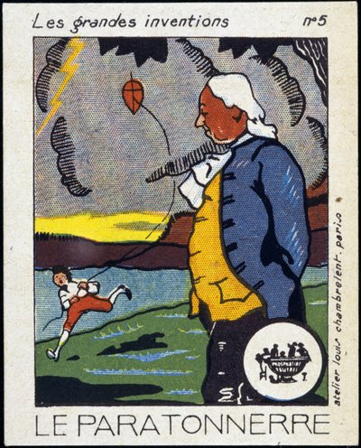 Benjamin Franklin, American politician and physicist (1706-1790) and the lightning rod (the kite experiment) - Label, early 20th century by French School