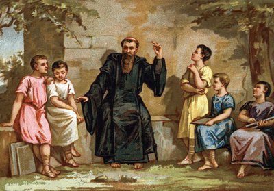 Benoit de Nursie, or Saint Benoit (480-547) teaching his rule to the children of Roman nobles. Chromolithography of the late 19th century by French School