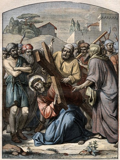 Bible Scene - Way of the Cross: Jesus helps by Simon of Cyrene (the Cyrenean). Engraving in Le Pelerin of 13 September 1896 by French School