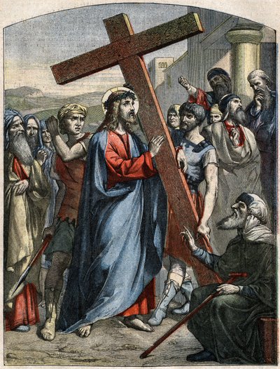 Bible Scene - Way of the Cross: Jesus is the burden of the cross. Engraving in Le Pelerin of May 3 by French School