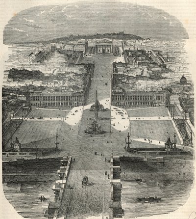 Bird view of Place de la Concorde, Rue Royale with the Church of the Madeleine - Engraving in 