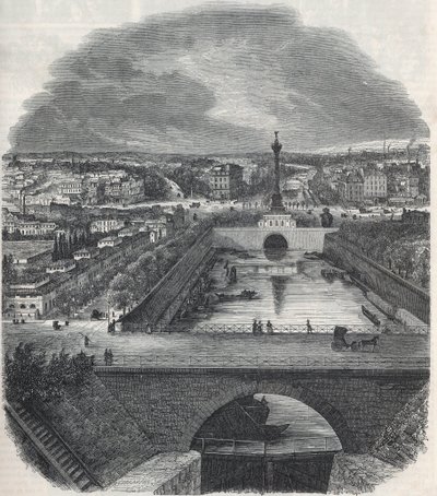 Bird view of the Canal Saint-Martin (Saint Martin), the Place and the Bastille district, taken from the right bank of the Seine - Engraving in 