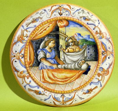 Birth plate depicting the newborn being wrapped in swaddling clothes, from Lyon by French School