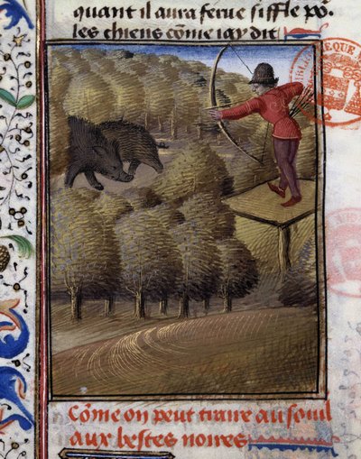 Boar Bow Hunting - in Book of Hunting by Gaston Phoebus, Count of Foix, Lord of Béarn by French School