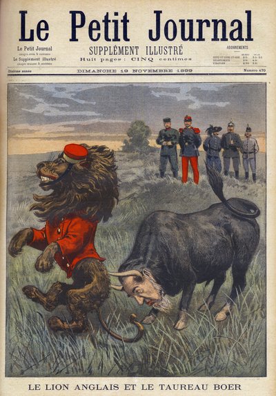 Boer War - The English Lion and the Boer Bull - The Afrikaner bull, with the head of Paul Krueger, attacks the British lion. English cartoon from a November 1899 issue of 