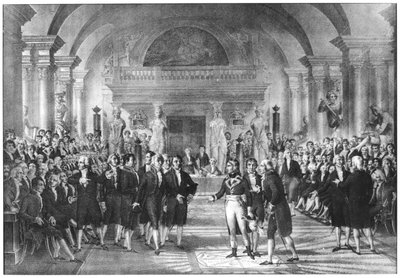 Bonaparte, First Consul, Visiting the Members of the Academie des Sciences at the Louvre, early 19th century by French School