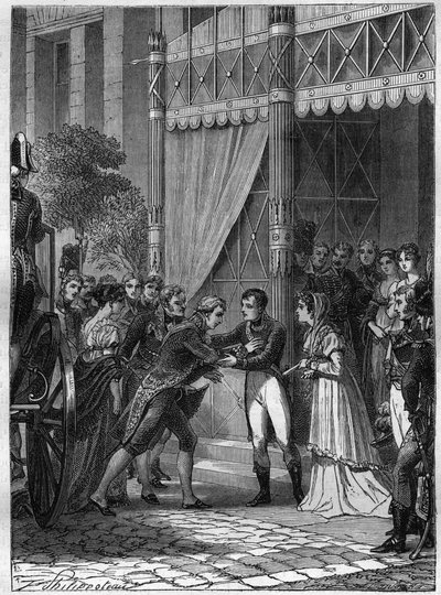 Bonaparte and Josephine de Beauharnais receive the young king of Etruria, Louis I (Louis I of Bourbon or Ludovico I of Borbone) (1773-1803), accompanied by his wife, Marie Louise (Marie Louise) of Bourbon (1782-1824) in their house in Malmaison in July 180 by French School
