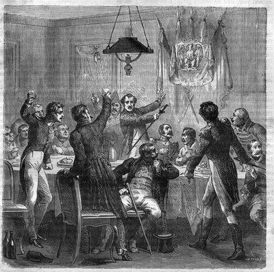 Bonapartist banquet under the Restoration between the fall of the First Empire on 6 April 1814 and the revolution of the Three Glorieuses on 29 July 1830. Engraving in 