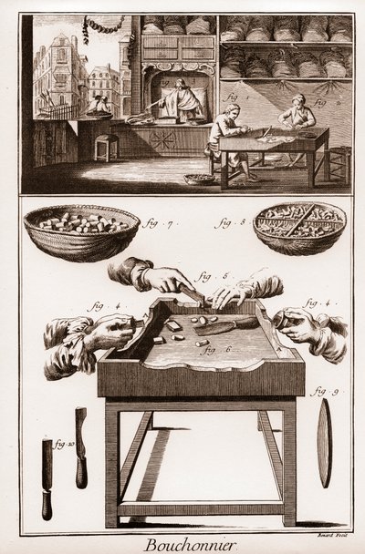 Bouchonnier, Manufacture of Cork Stoppers - The Great Encyclopedie, ou Dictionnaire Raisonne des Sciences, des Arts et des Metiers by Denis Diderot and Jean d