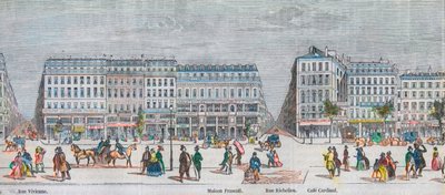 Boulevard Montmartre south side and Boulevard des Italians south side - Rue Vivienne - Maison Frascati - Rue Richelieu - Cafe Cardinal - Engraving in 