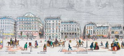 Boulevard des Italians south side - Rue Favart - Opera Comique - Rue Marivaux - Cafe Anglais - Rue Grammont - Bazaar - Engraving in 
