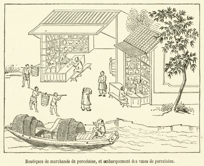 Porcelain Merchant Shops, and Loading of Porcelain Vases (engraving) by French School