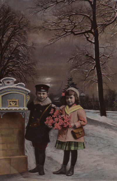 Boy and girl in the snow, about to post a letter by French School