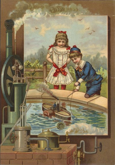 Boy demonstrating toy steam boat to girl by French School