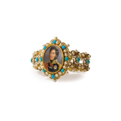 Bracelet containing a miniature of Louis-Philippe I, King of the French (gold, pearls, turquoise and watercolor on ivory) by French School