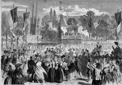 Breton Ball on the Battlefield at Quimper (Finistere, 29) in the presence of Napoleon III (1808-1873) and the Empress Eugenie (1826-1920). Engraving in 
