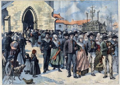 Breton Custom: Traditional Marriage in Plougastel (Finistere, Brittany). Marriages Leave the Church. Engraving in Le Petit Parisien by French School