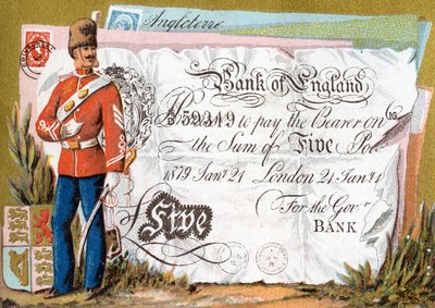British army soldier guarding a Bank of England Five Pound Note, 1886-95 by French School