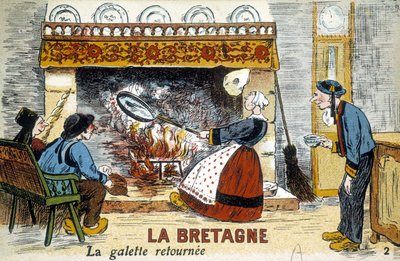 Brittany: the galette returned to the chimney (crepes) - postcard, early 20th century by French School