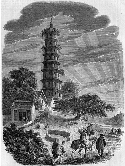 Buddhist architecture: exterior view of the Octagonal Pagoda on Whampoa Island, China by French School