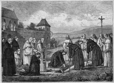 Burial of a Carthusian at the Abbey of Tamie in Savoy (Cistercian Community). Engraving from 1875 by French School