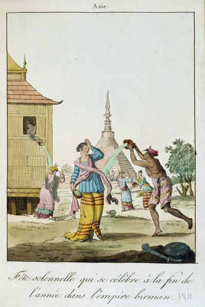 Burmese custom for the holiday season: water is thrown on each other - Engraving by French School