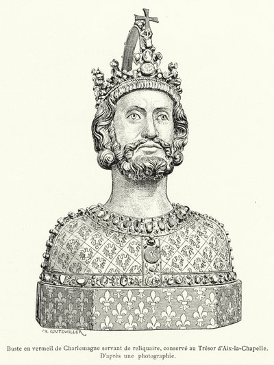 Gilded bust of Charlemagne serving as a reliquary, kept in the Treasury of Aachen by French School