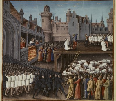 Crusades: Richard I watching the beheading of the Muslim garrison of Acre by French School