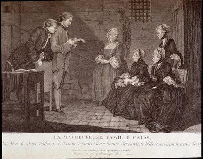Calas affair: The unfortunate family of Jean Calas (died 1762): the mother, the two daughters, with Jeanne Viguiere, their good servant, the son and his friend, c.1762 by French School