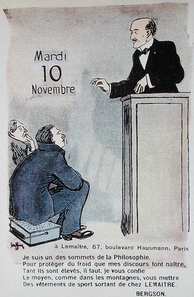 Calendar for 1914 advertising sports clothes with a caricature of the French philosopher Henri Bergson (1859-1941) by French School