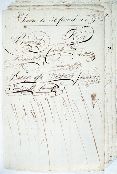 Calligraphy: sheet of the register of the Academic Society of Writing, 30 Floreal an IX by French School